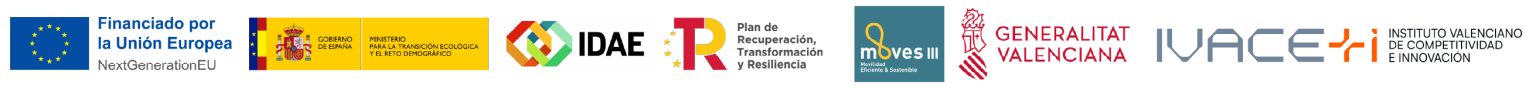 Logotipos: Ministério da Transição Ecológica e do Desafio Demográfico, IDAE, Plano de Recuperação, Transformação e Resiliência, NextGenerationEU da União Europeia, Governo Valenciano e IVACE.